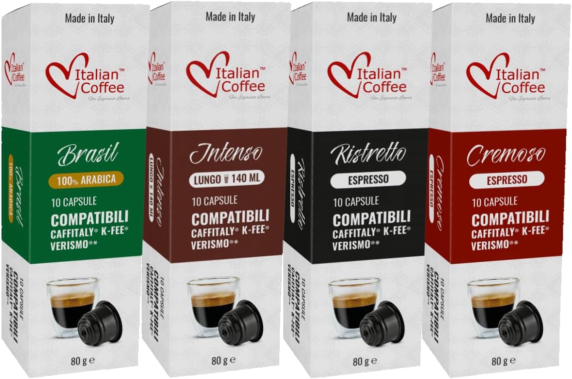 Italian Coffee capsules compatible with Verismo, CBTL, Caffitaly, K-fee systems (Sampler, 4 flavors, 40 pods tot., No decaf)