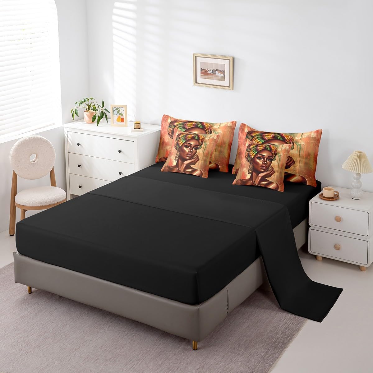 Erosebridal 7 Piece African American Black Girl Bed in a Bag Queen,African Women Sheet Set for Kids Teens Girls Room Decor Bedding Set with Comforter, Cool Afro Woman Cushion Covers