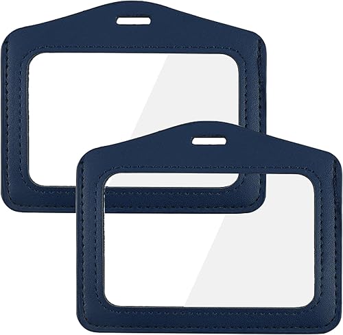 Larpur Paquete de 2 portatarjetas de identificación, estuche horizontal de cuero con ventana de identificación transparente, color azul, doble cara