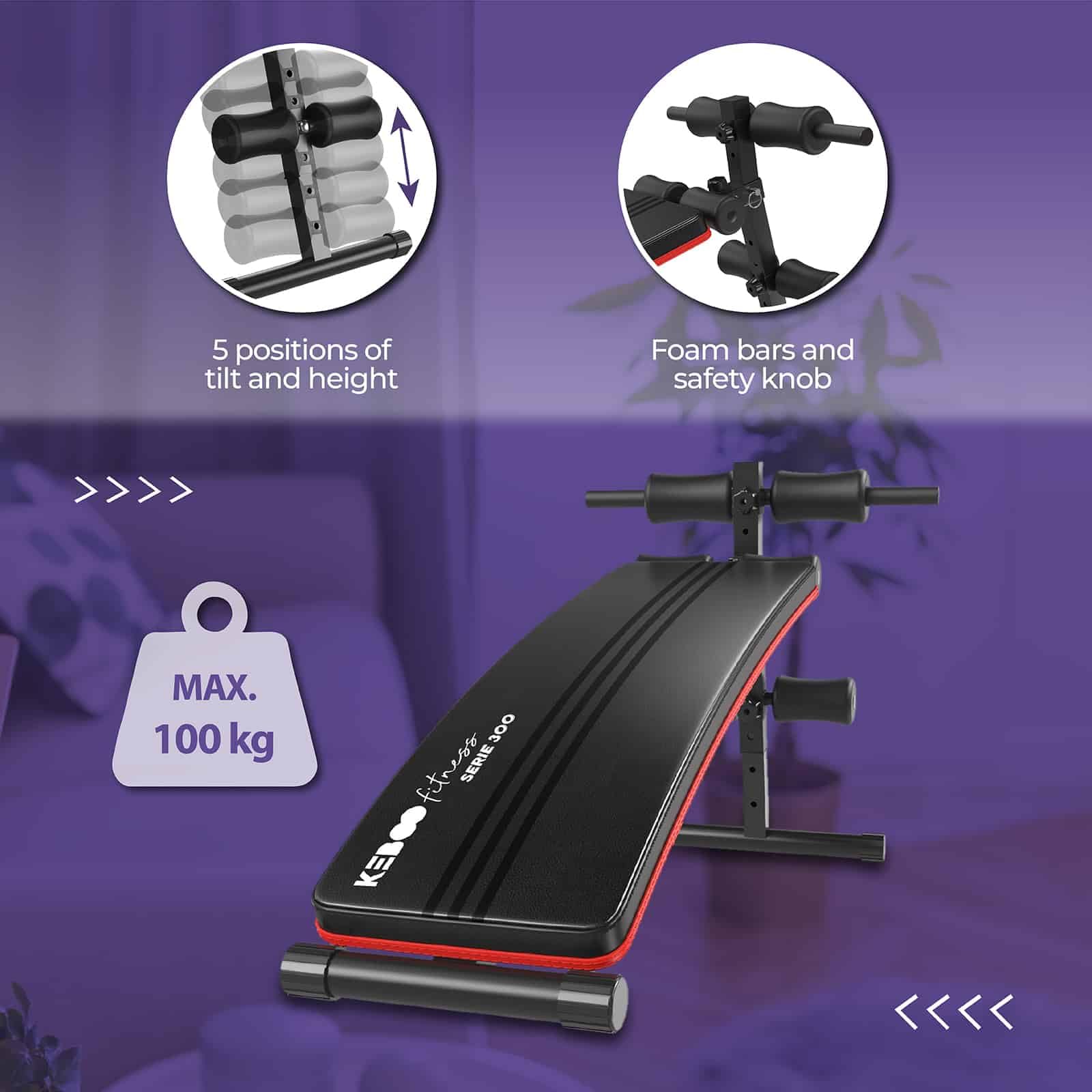 Keboo Banco de Abdominales y Musculación Fitness Serie 300 y con 5 Posiciones 145x47x70 cm