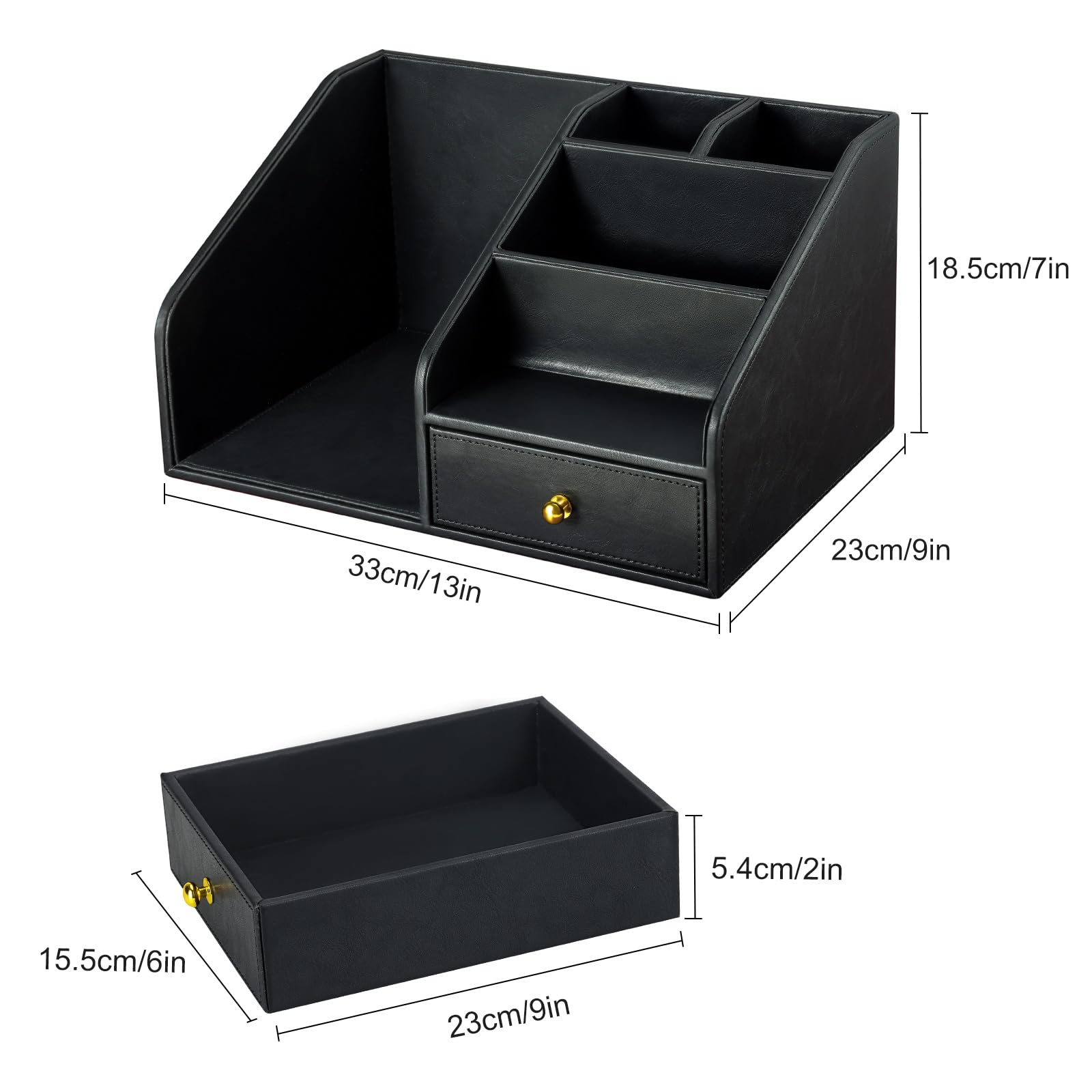 KINGFOM Organizer da scrivania in pelle PU con cassetto – Scatola portaoggetti da scrivania multi-scomparto per forniture per ufficio, posta, penne, accessori – nero e marrone Home Office Caddy (nero)