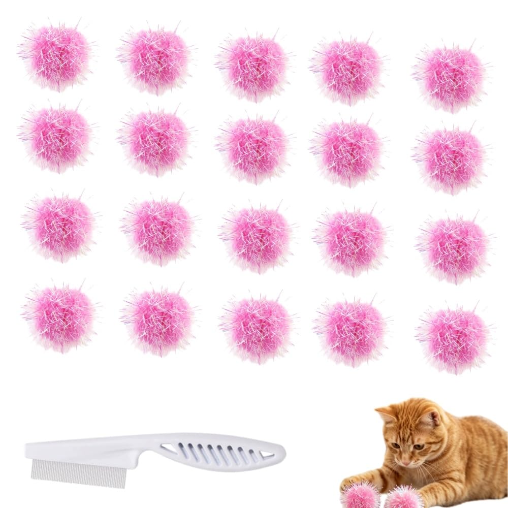 Cat Puff Balls - 2.36 Inch Extra Large Sparkle Green Puff Ball Toys for Indoor Cats, Interactive Cat Toy Balls with Glitter Tinsel, Multicolor Tinsel Cat Balls (Pink,60PCS)