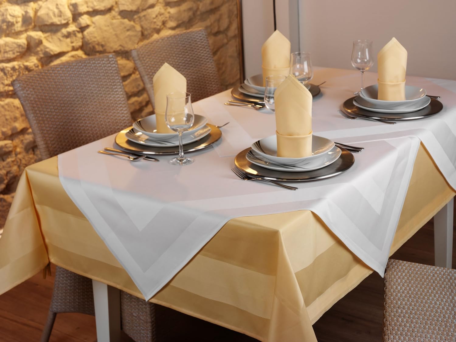texpot Tablecloth 100 x 100 cm Yellow Satin Edge 100% Cotton Damask Tablecloth, 39.4 x 39.4 inch (Square)