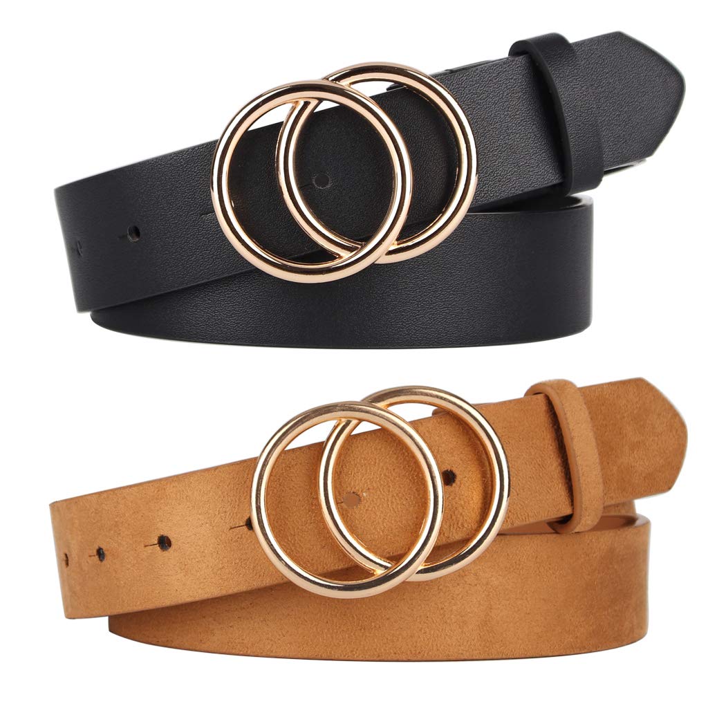 UnFader Pack 2 Women Belts for Jeans with Fashion Double O-Ring Buckle and Faux Leather