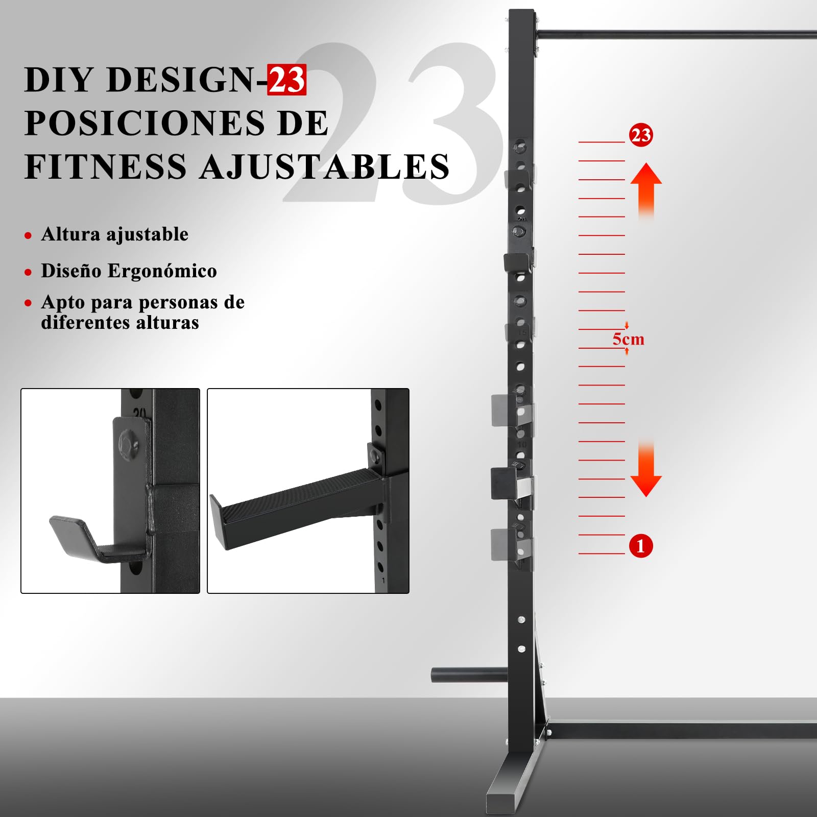 ISE Rack Musculación, Jaula Musculacion, estructura de acero estable, Rack Sentadillas ajustable para entrenamiento de fuerza de 23 posiciones, Power Rack con maquina dominadas en casa