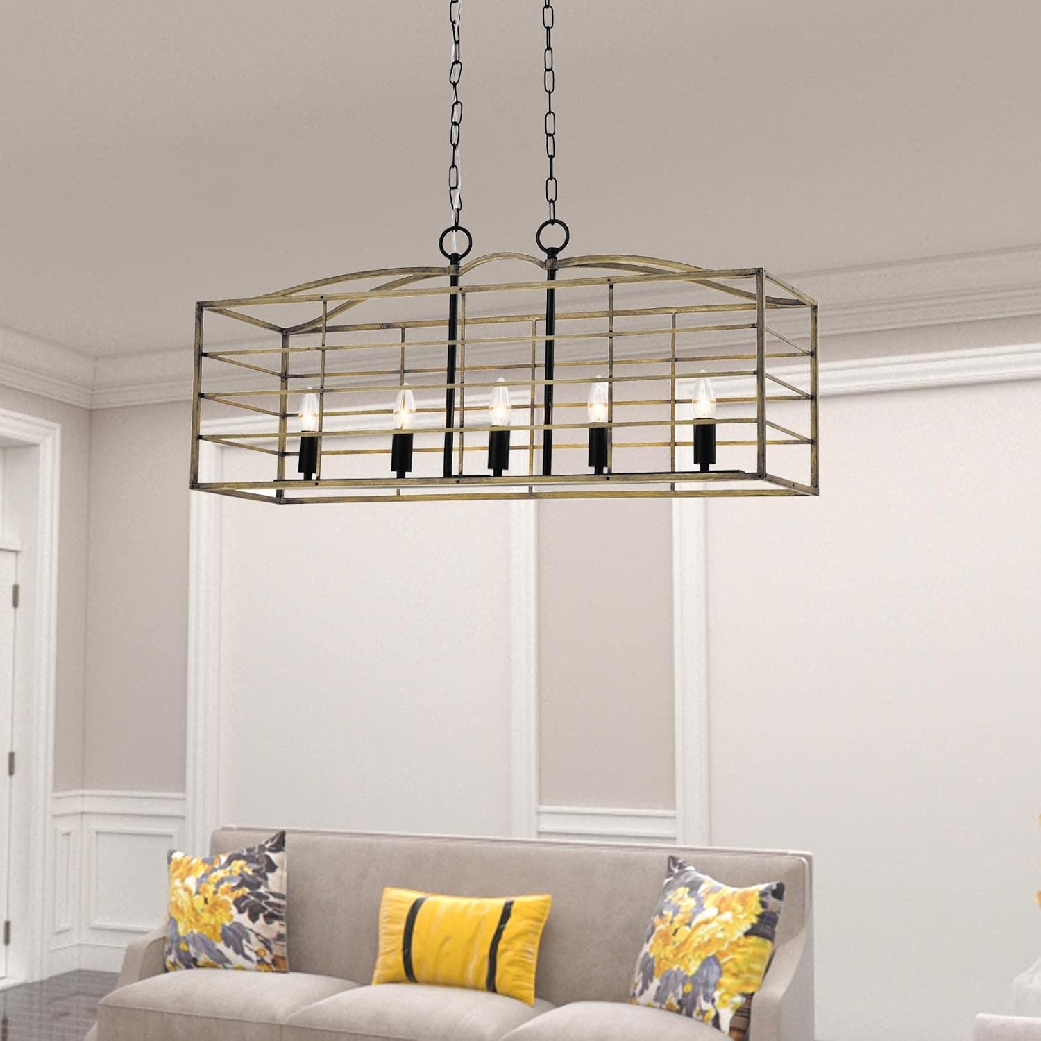 Maxax 5 Lights Chandelier, Farmhouse Rectangular Pendant Light, Rustic Hanging Light Fixture, ETL Listed, Adjustable Chain for Living Room, Dining Room, Kitchen Island, Wood Grain & Black