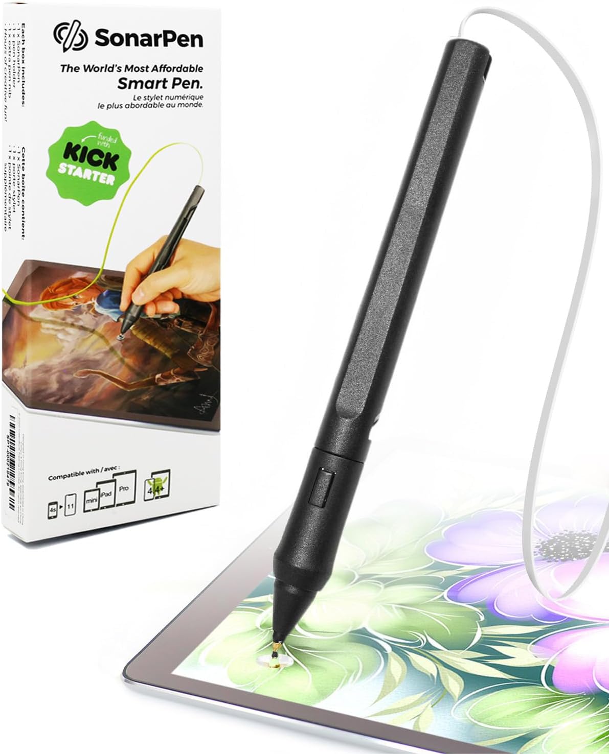 SonarPen - Pressure Sensitive Smart Stylus Pen with Palm Rejection and Shortcut Button. Battery-Less. Compatible with Apple iPad/iPhone/Android/Switch (White)