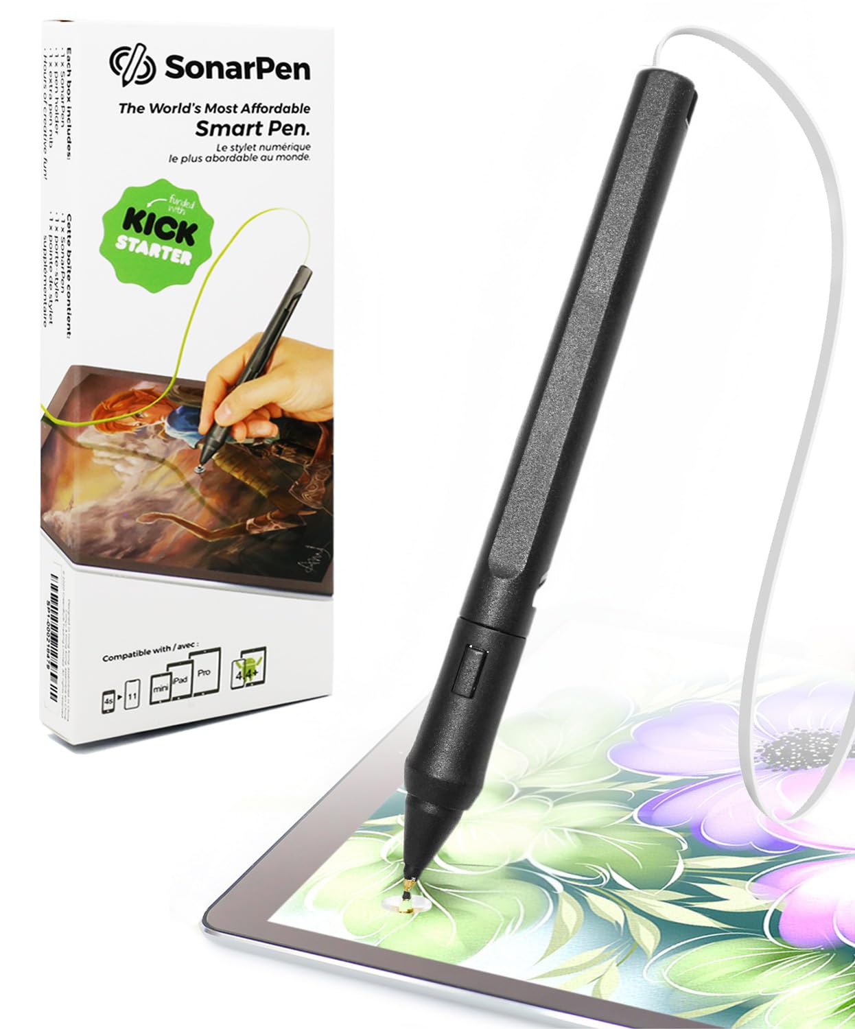 SonarPen - Pressure Sensitive Smart Stylus Pen with Palm Rejection and Shortcut Button. Battery-Less. Compatible with Apple iPad/Pro/Mini/iPhone 4s - X/Plus/Max/Android/Chromebook (White)