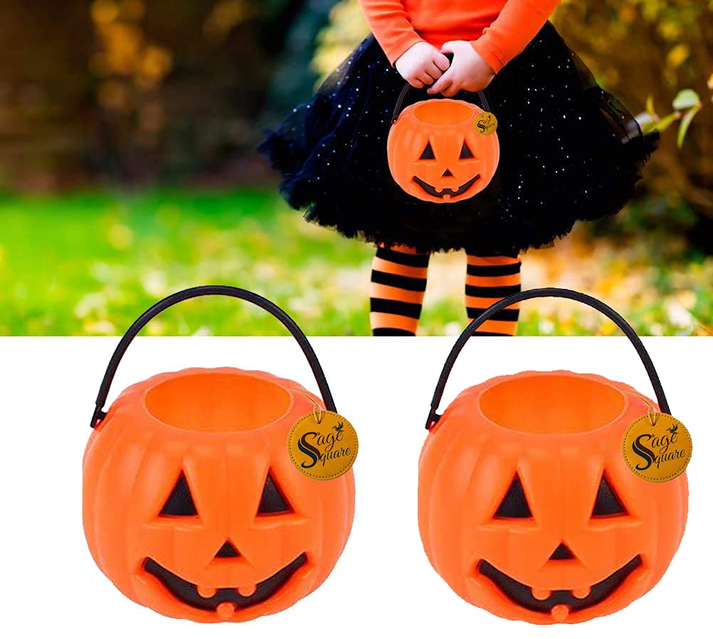 Sage Square Small Size Kids Pumpkin Candy Basket for Funtion, Dress Up, Halloween, Cosplay, Party, School Funtion, Theme Party, Competition, Stage Show, Party (Pack of 2)
