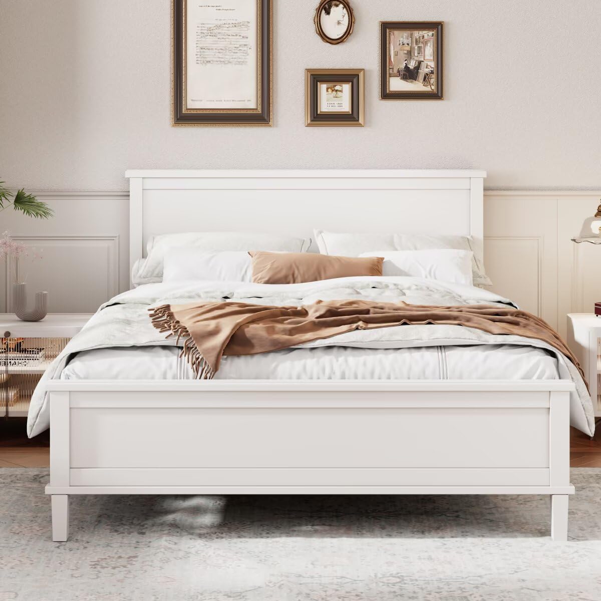 Mid-Century Wood Platform Bed with Headboard and Wood Slat Support, No Box Spring Needed, Full Size, White