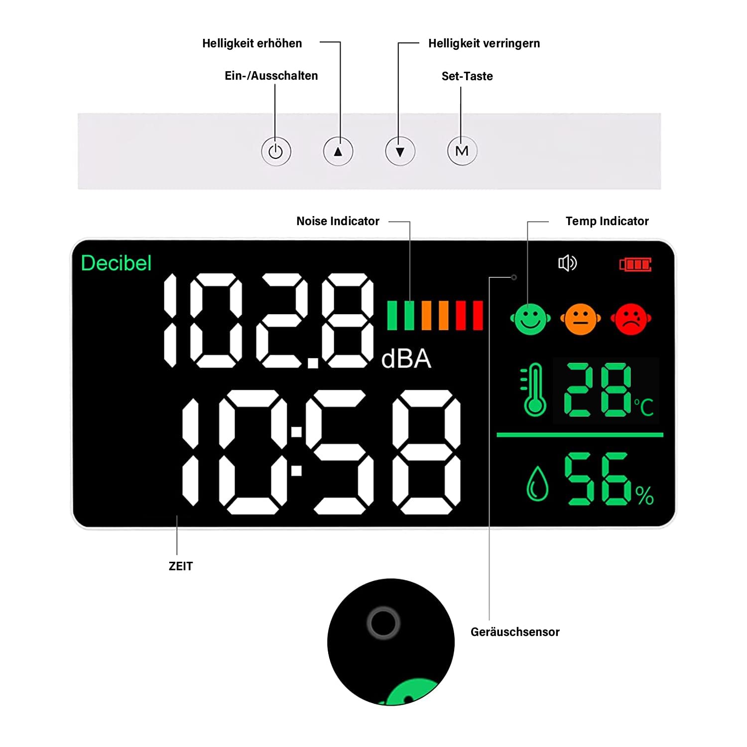 5-in-1 Dezibel Messgerät Wandmontage DB Messgerät Schallpegelmessgerät 43-130dB 11" Große LED-Anzeige Lärm-, Zeit-, Temperatur- & Luftfeuchtigkeit messgerät für Zuhause (Db Messgerät-2000mah)