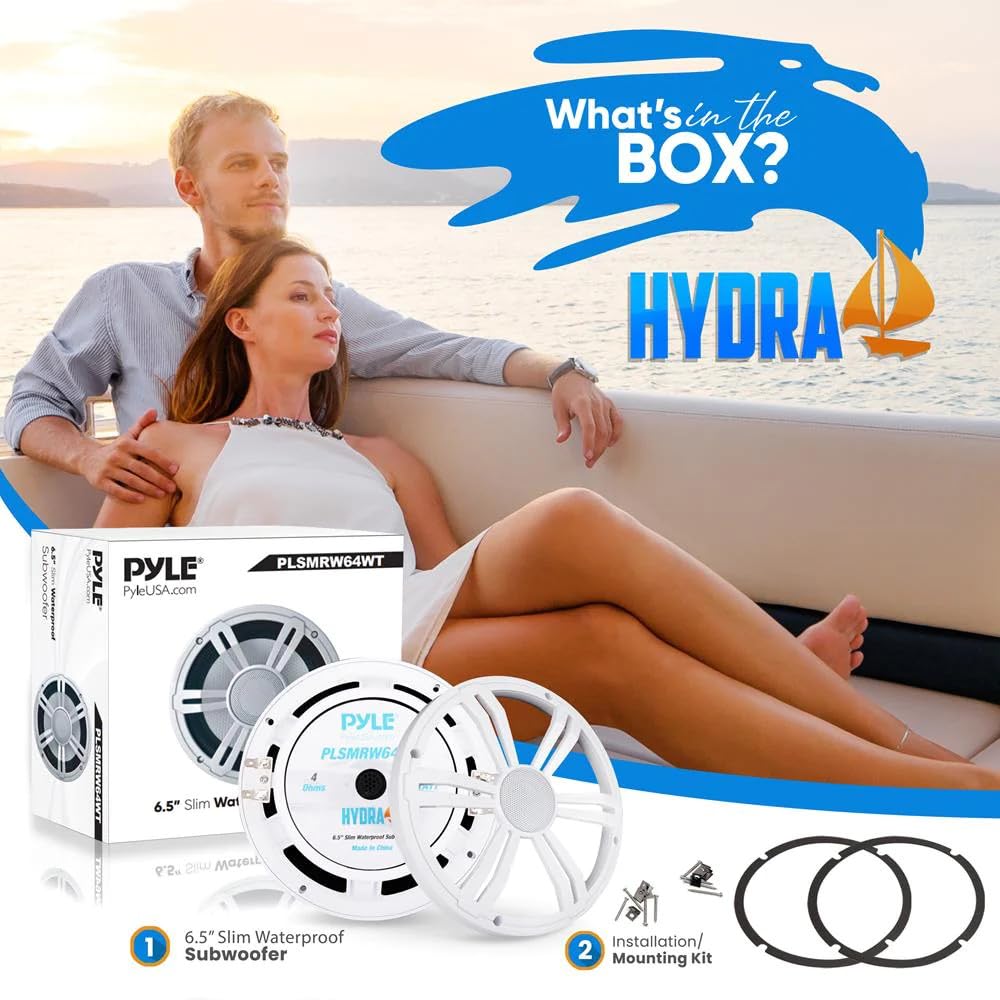 KIT Set FÜR Pyle PLSMRW64WT 1 x 16,5 cm wasserdichter Marine-Subwoofer, 165 mm, 6,5 Zoll Durchmesser, 75 Watt RMS & 150 Watt Max, DVC, 4 + 4 Ohm, Farbe: Weiß, Gummiaufhängung für Boote, 1 Stück