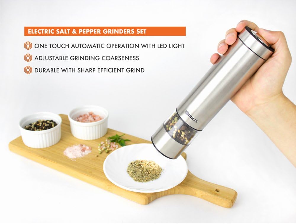 OPUX Electric Salt and Pepper Grinder Set with LED Light | Battery Operated Stainless Steel Salt Shaker, Automatic Pepper Mill | Electronic, Adjustable Coarseness, Modern Design