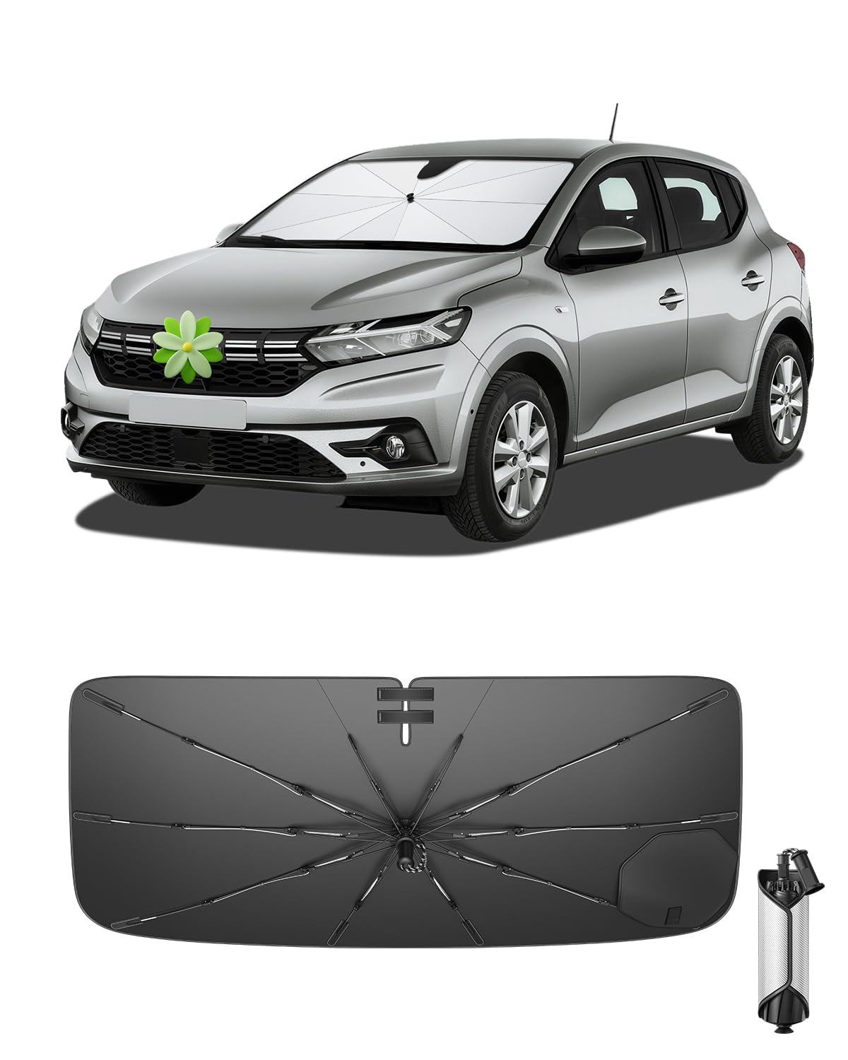 Ruiya 2026 Upgrade Parasol Coche Delantero Compatible con Dacia Sandero 3 | Sandero Stepway III | Jogger 2021-2026, Paraguas Plegable Aislamiento Térmico, Protección UV, Accesorios para Parabrisas