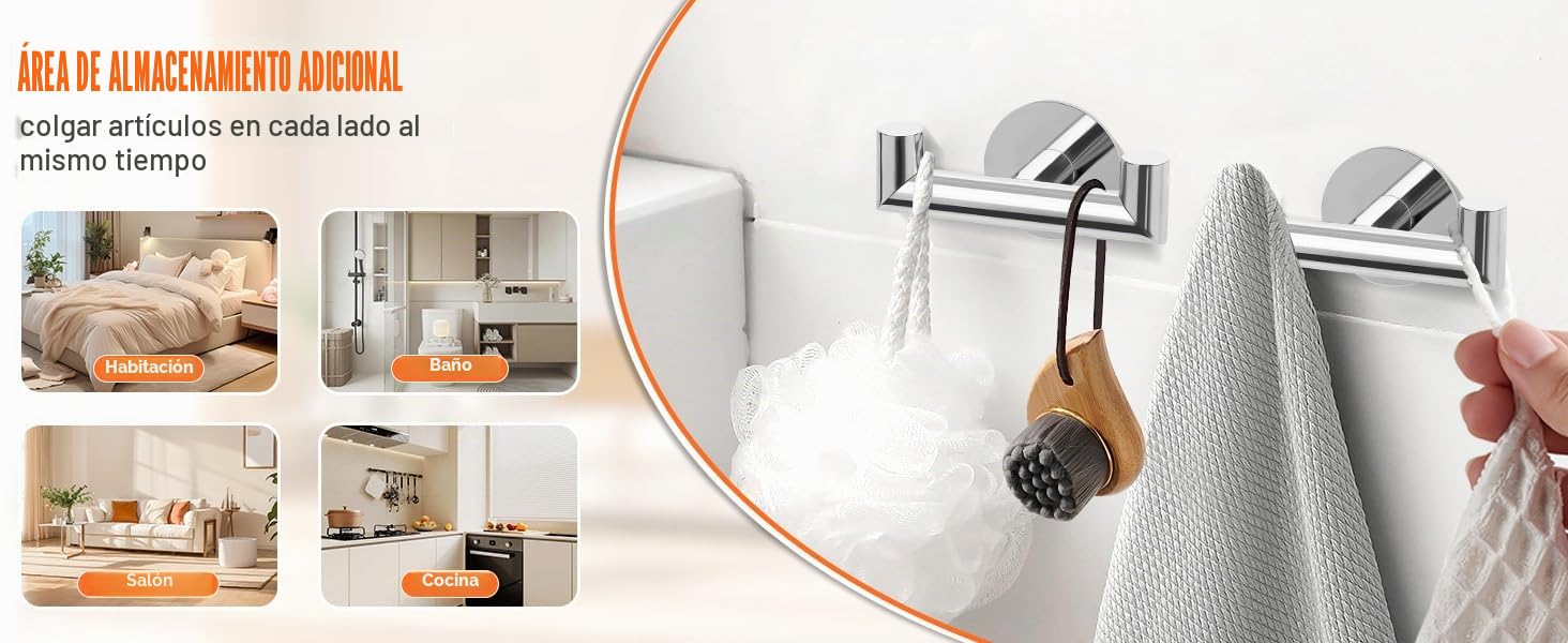 YUET Ganchos Doble Adhesivos para Pared, 2 Piezas Soporte de Pared para Toallas de Baño Albornoz Trapos, Acero Inoxidable, Colgador sin Taladrar Cocina, Cromado