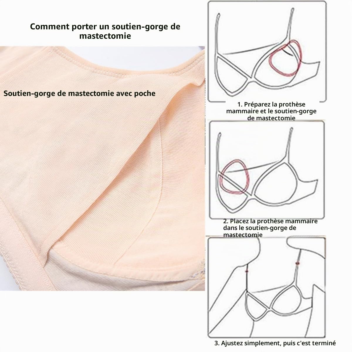Soutien-gorge de mastectomie avec poches pour de nombreux types de prothèse mammaire post-chirurgie
