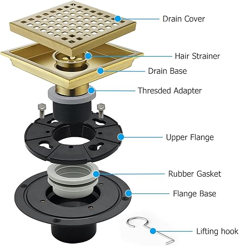 Miniatura 3 de YANCASENO Drenaje cuadrado de 6 pulgadas con brida, rejilla de patrón cuadrato extraíble, acero inoxidable SUS 304 de grado alimenticio, oro
