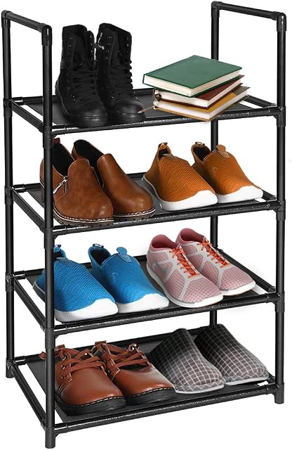 barsone 4 Tier Small Shoe Rack, 6-8 Pairs Narrow Shoe Rack for Small Space, Free Standing Lightweight Shoe Shelf for Closet Entryway Hallway Living Room