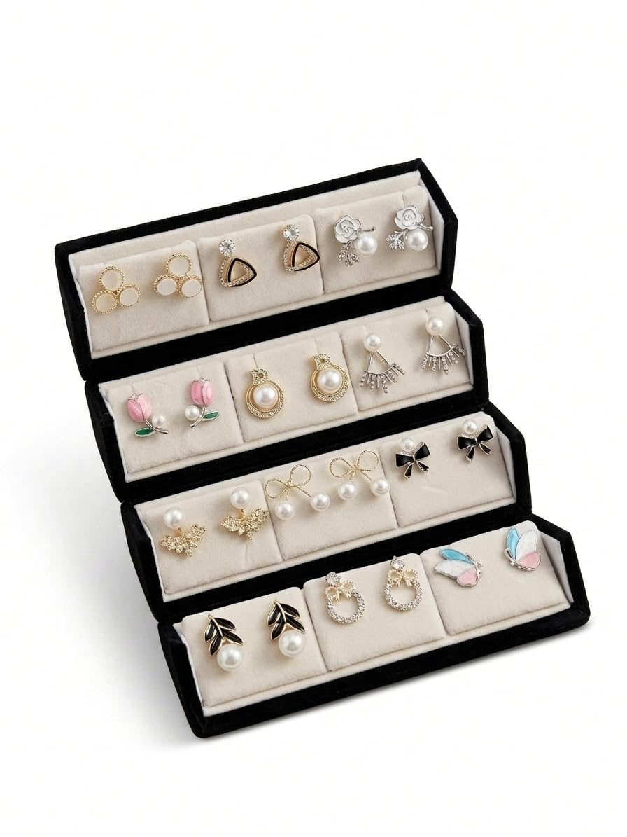12 pairs of korean Earrings with velvet box Set of Multiple Pairs, Gold and Silver Tone, Heart, Bow, Pearl, Floral Studs-picture-53