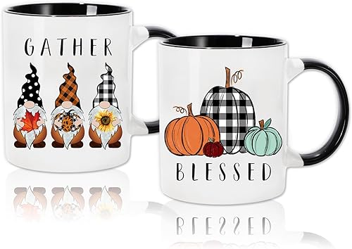 Whaline Paquete de 2 tazas de otoño de 12 onzas con diseño de gnomo de calabaza a cuadros, tazas de cerámica para otoño, Acción de Gracias, hogar,
