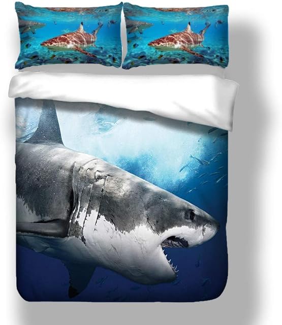 Loussiesd 3D Shark Print Duvet Cover Set Single Size Ocean Animal Style Children Kids Bedding Sets with Hidden Zipper Closure,Soft Comforter Microfiber Sea World Quilt Cover 2PCs(135x200cm)