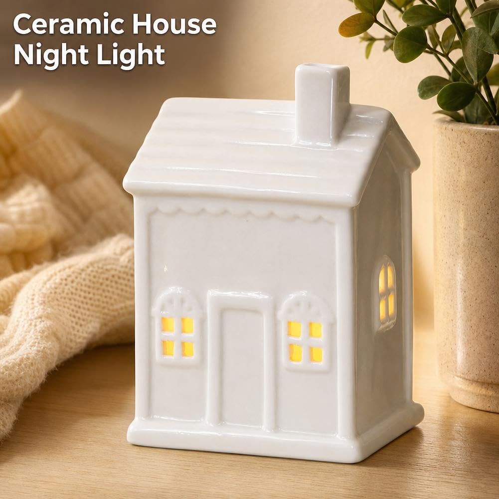 Set di 8 statuette di villaggio di Natale, in ceramica bianca, con luce LED, piccole statuette da tavolo in porcellana, decorazioni natalizie per vacanze invernali e mensole