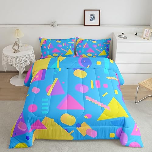 Miniatura 32 de Juego de edredón de estilo de moda de los años 80 y 90, tamaño Queen, patrón retro de estilo Memphis con formas geométricas, juego de ropa de cama