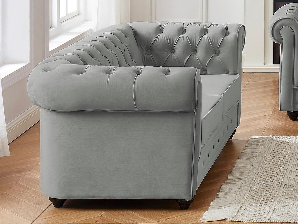 Vente-unique - Sofá Fijo 2 plazas Chesterfield - Terciopelo - Gris Claro