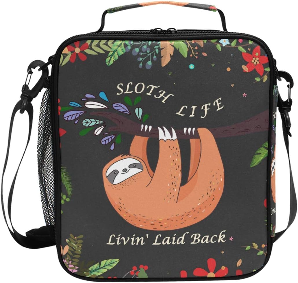 ZOEO Sloth Lunch Box for Girl Grey Floral Prep Kids Cooler Insulated Lunch Bag Tote Freezable Shoulder Strap Waterproof Picnic Meal for School Office
