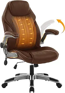 Office Desk Chair, Ergonomic Computer Chair with Padded Flip-Up Arms and Adjustable Lumbar Support, PU Leather Executive Chair with Tilt Lock and 360° Swivel Rolling Wheels for Work, Study