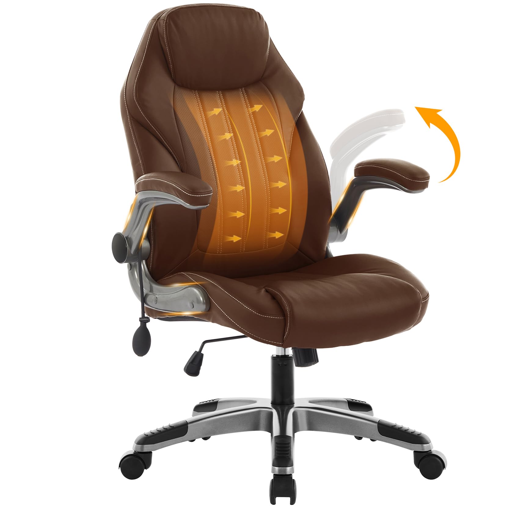 Office Desk Chair, Ergonomic Computer Chair with Padded Flip-Up Arms and Adjustable Lumbar Support, PU Leather Executive Chair with Tilt Lock and 360° Swivel Rolling Wheels for Work, Study