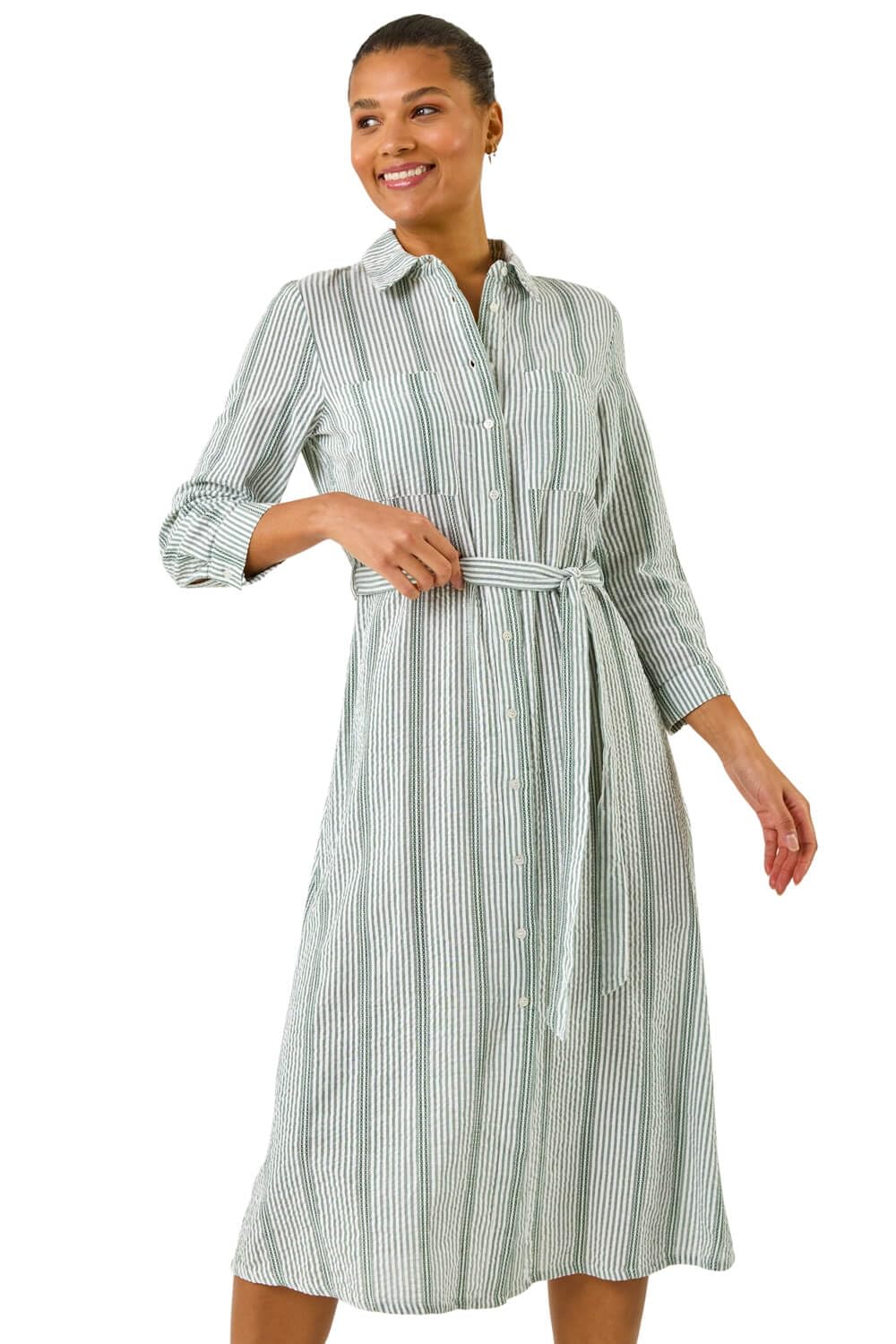 Roman Originals Women's Stripe Khaki Shirt Dress For Uk- Long Sleeve Belted Collared Midi Maxi Winter Autumn Smart Casual Button Through Evening Office A Line Swing Skater - Size 20