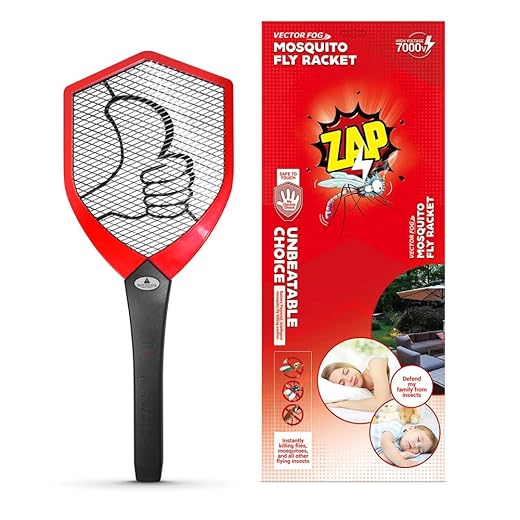 Vectorfog TW-08-A Electric Mosquito and Fly Racket - Electronic Fly Swatter - Bug Bat Zapper - Fly Zap Swatter - Handheld Bug Zapper Racket- with LED Light and Cleaning Brush- 7000V (Red and Black)
