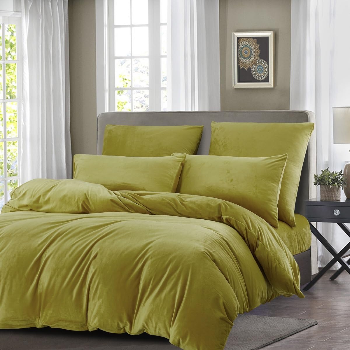 Gezu - Funda nórdica de franela (220 x 240 cm), color amarillo dorado e invierno, juego de cama de terciopelo de doble cara, espeso, mullido y cálido, para 2 personas, con 2 fundas de almohada de 65 x