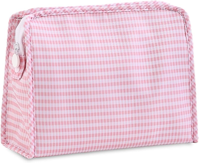 Necessaire de maquiagem EMBRUNIOICE em tecido xadrez rosa com zíper