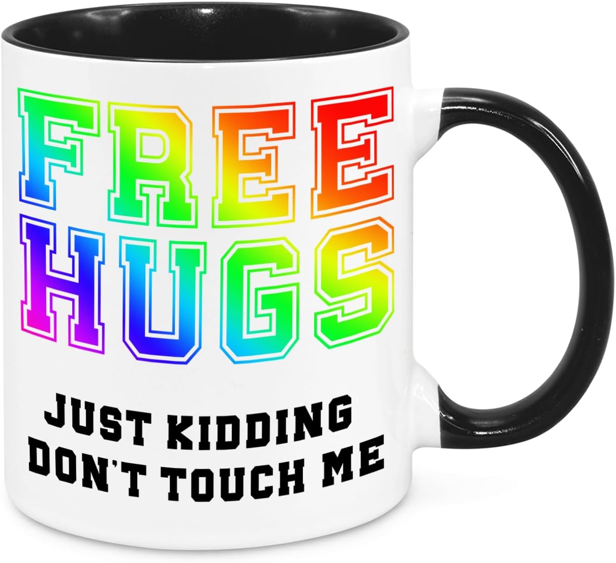 Free Hugs Mug - Funny Novelty Gift Silly Present Mugs for Women Birthday Christmas for Mum Dad Friend Sister for Men Teenager Colleague Secret Santa Work Quotes (Rainbow)
