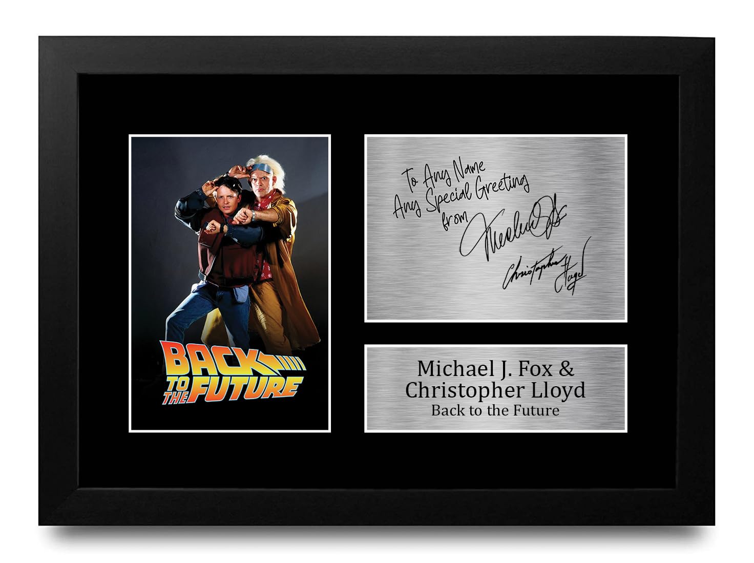 HWC Trading Michael J Fox and Christopher Lloyd Back to the Future Personalised Gift - Signed Autograph Picture, Framed A4 Film Memorabilia with Custom Name Message for Birthday Christmas Wedding