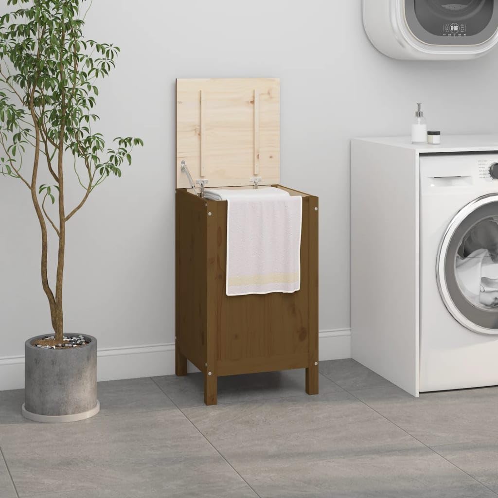 Wäschetruhe Honigbraun 44x44x76cm Massivholz Kiefer mit Deckel Griff und Rollen für Badezimmer Schlafzimmer Waschküche