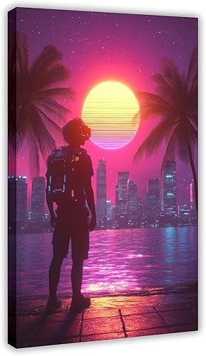 Miniatura 1 de 80s Synthwave Vaporwave Wall Poster  Retro Neon Sunset Cityscape Art  Cyberpunk Digital Print for Teens Canvas Poster Wall Art Decor Print Picture