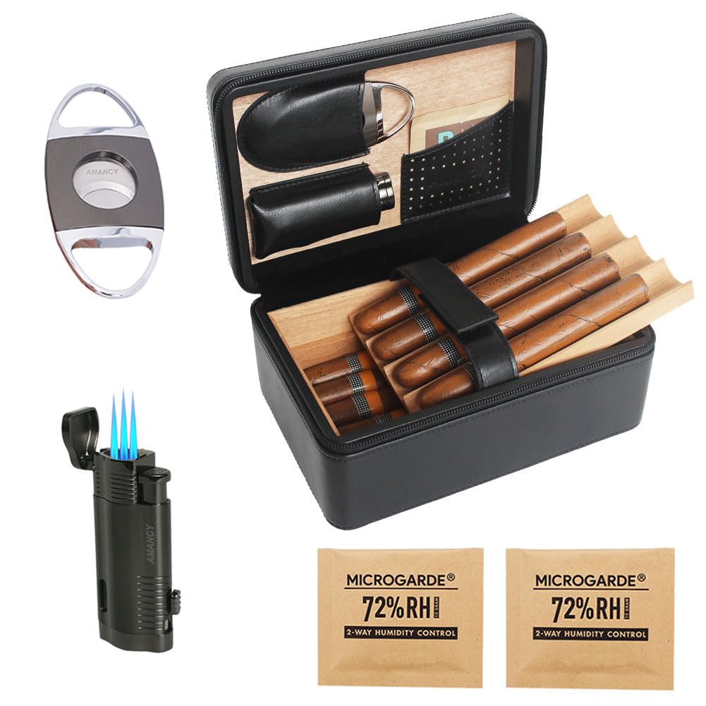 AMANCYStylish Cigar Case with 2-way Humidity Control Packs, Cutter and Lighter, Double Layer Elegant Black Leather Cigar Humidor Kit, Hold 8 Cigars