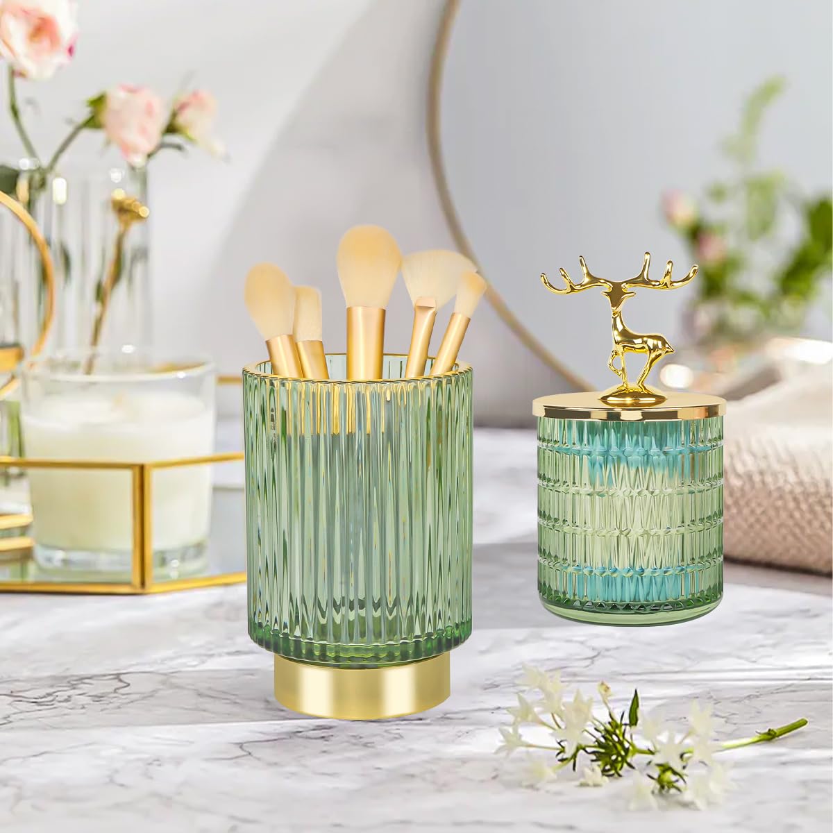 Tonxus Glass Makeup Brush Holder,Cute Apothecary Jars with Lids,Vintage Vanity Makeup Organizer Cup,Green Qtip Holder Container Storage Organizer for Cotton Swab,Ball,Pad,Round