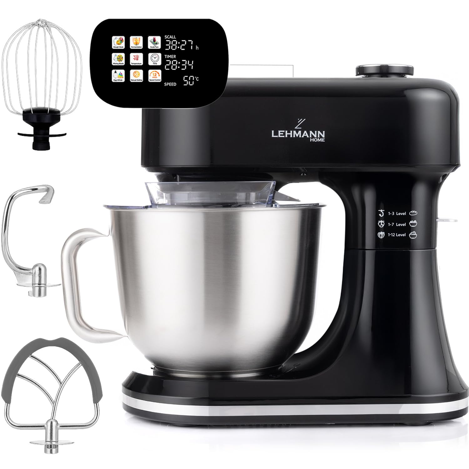 LEHMANN Multifunktions Küchenmaschine mit Display, 12 Geschwindigkeiten, Fermentationsfunktion mit Heizfunktion, integrierte Waage, Timer, Knetmaschine mit 3 Rühreinsätze und 5L Rührschüssel