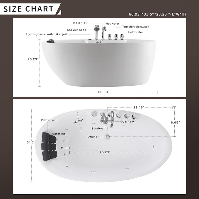 Empava 67 Inch Freestanding Whirlpool Tub - Stand Alone Jetted Bathtub with Large Recline Angle, Boat Shape, Hydromassage, Acrylic,ETL Certified