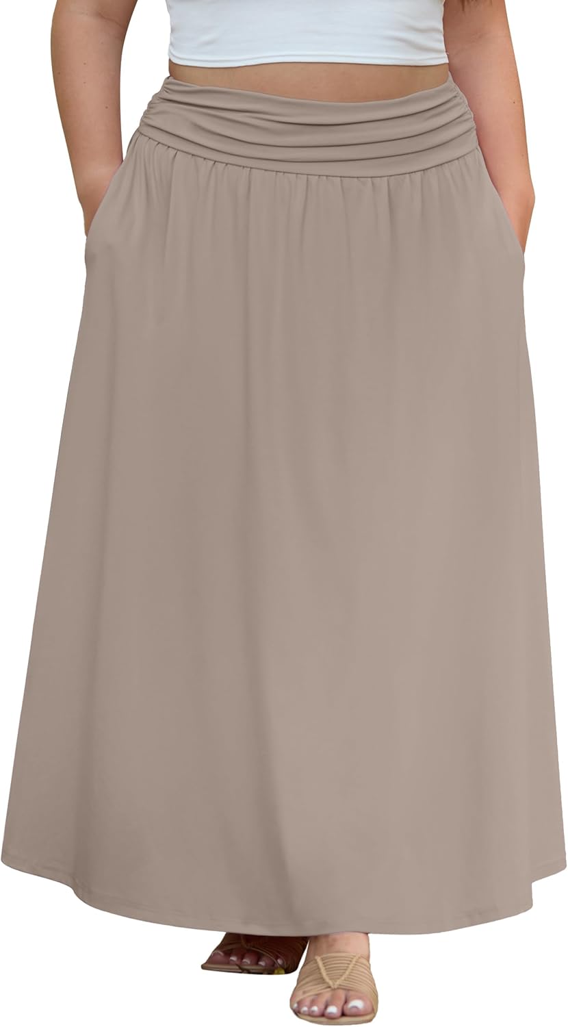 OLRIK Plus Size Maxi Skirt with Pockets 2026 Summer Elastic High Waisted A-Line Flowy Long Skirts - Image 2