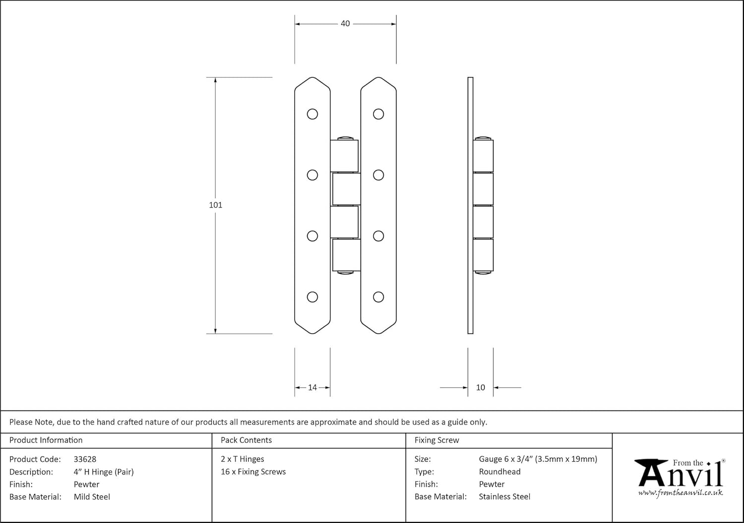 From The Anvil Pewter 4 Inch H Hinge (Pair)