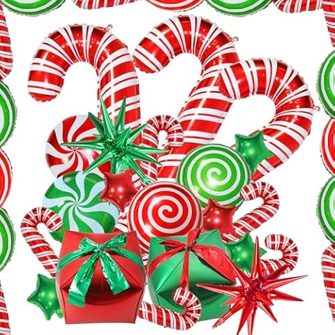 Janef 32Pcs Christmas Foil Balloons, Red white Green Large Candy Cane Swirl Candies Balloons star foil Balloons and Big Gift Boxes Spike balloons for Christmas Party Supplies Decoration Cover
