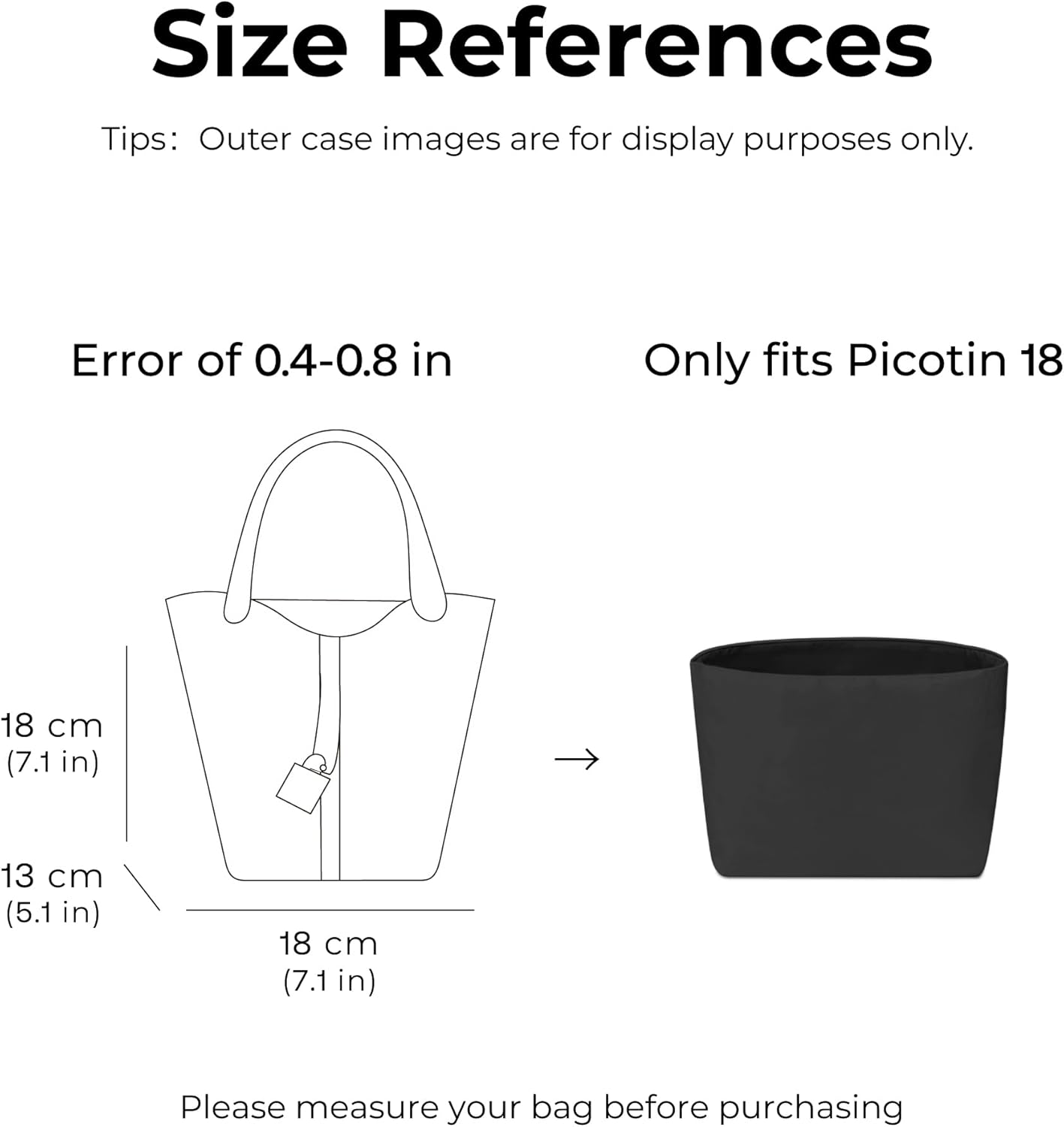 Handbag Organizer Insert for Hermes Picotin Handbag, Custom Fit Inside Premium Lightweight Water Resistant Purse Insert Accessories (Matte Black, Fits-Picotin 18)