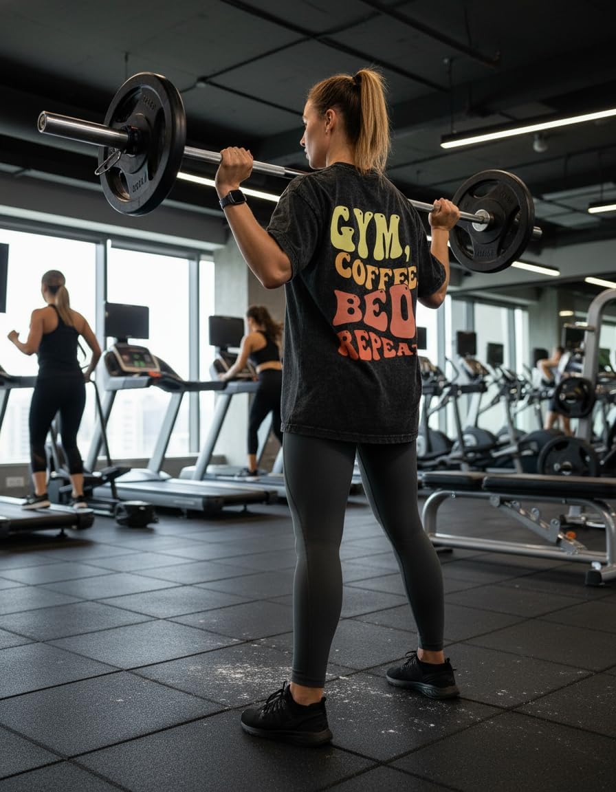 IRONPANDA-Funny Gym Shirts for Women-Gym, Coffee, Bed, Repeat Printed -Cotton Halloween Athletic Tops