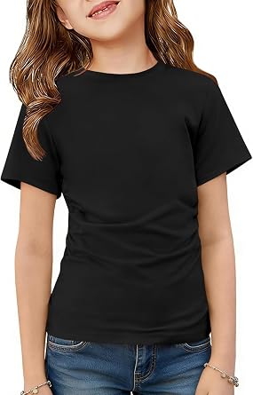 ZDC Girls Short Sleeve T Shirts Kids Summer Crewneck Ruched Tunic Tops Basic Tees 5-14 Years