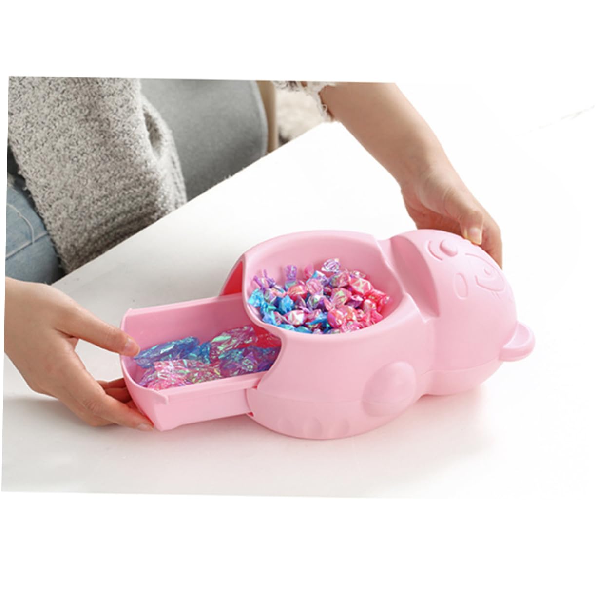 PRETYZOOM 1Pc Little Bear Shape Snack Bowl Double Layer Lazy Snack Plastic Bowl with Cellphone Holder Pink Candy Dish for Nuts Fruits and Snacks Storage for Friends and Family